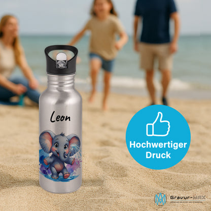 Trinkflasche mit Strohhalm in Silber 600ml bedruckt mit niedlichen Tieren"Elefant" personalisierbar für Kinder mit Wunschname aus Edelstahl
