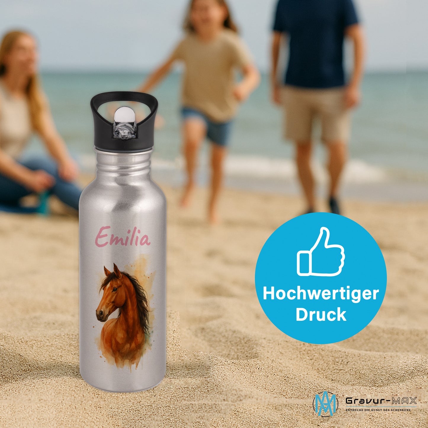 Trinkflasche mit Strohhalm in Silber 600ml bedruckt mit tollen Motiven für Kinder "Pferd" personalisierbar für Kinder mit Wunschname aus Edelstahl