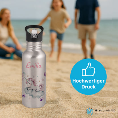 Trinkflasche mit Strohhalm in Silber 600ml bedruckt mit tollen Motiven für Kinder "Einhorn Wolke" personalisierbar für Kinder mit Wunschname aus Edelstahl