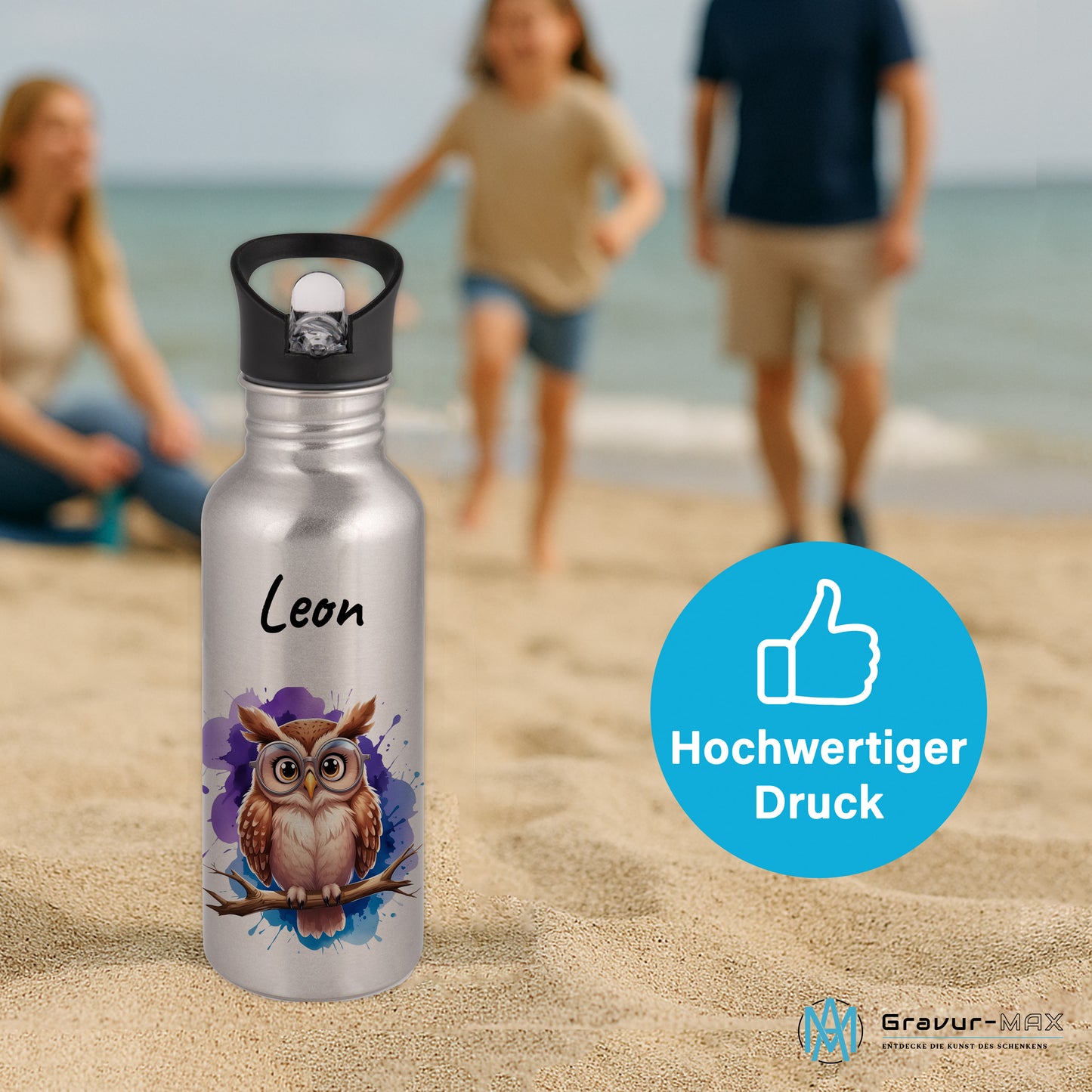 Trinkflasche mit Strohhalm in Silber 600ml bedruckt mit niedlichen Tieren"Eule" personalisierbar für Kinder mit Wunschname aus Edelstahl