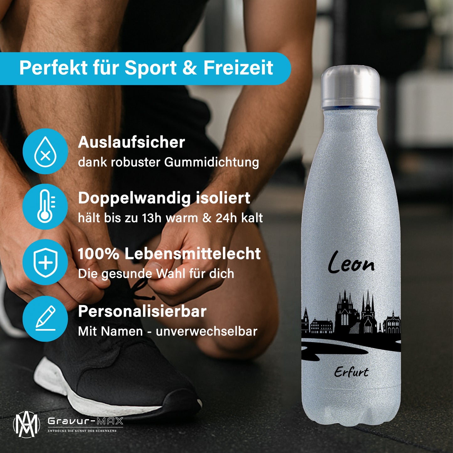 Glitzer Trinkflasche in Silber 500ml aus Edelstahl bedruckt mit der Skyline von Erfurt personalisierbar mit Wunschname