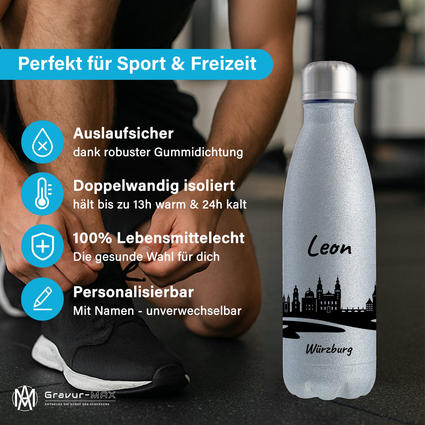 Glitzer Trinkflasche in Silber 500ml aus Edelstahl bedruckt mit der Skyline von Würzburg personalisierbar mit Wunschname