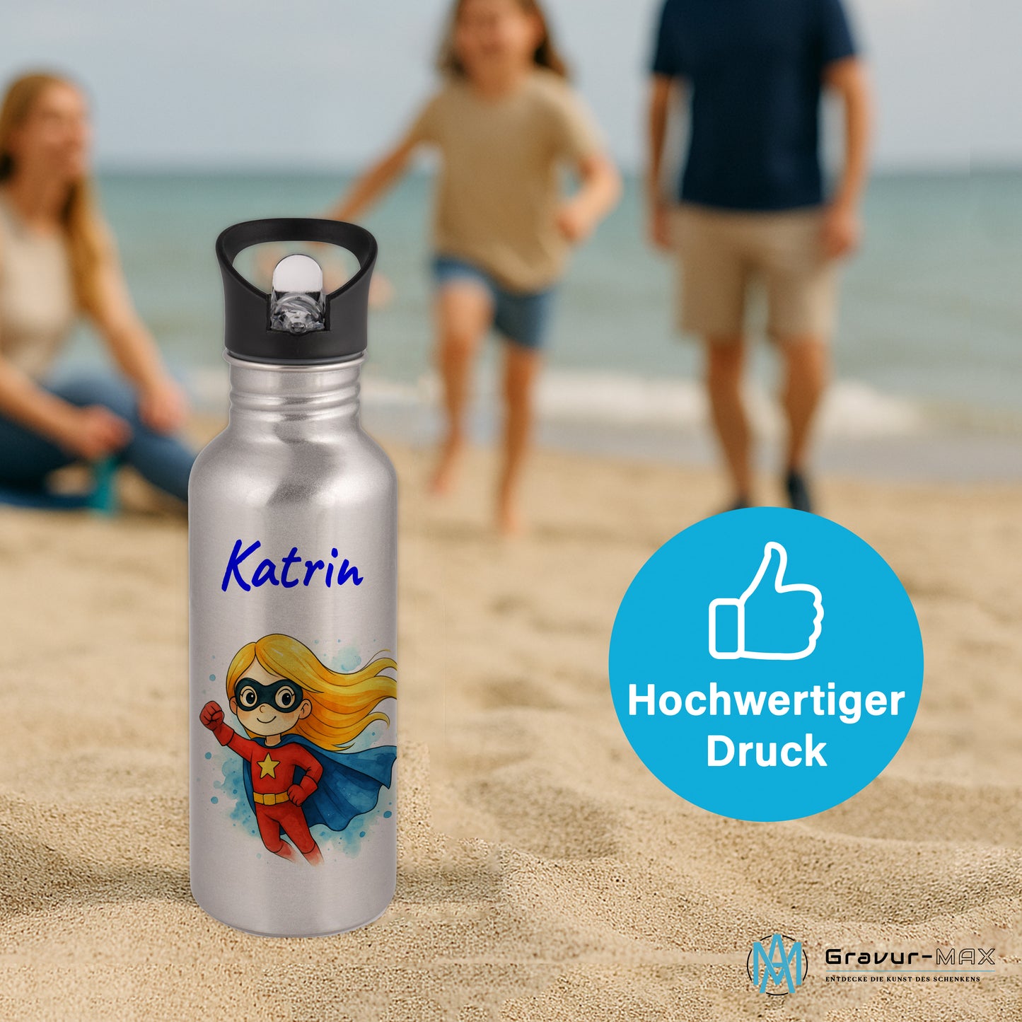 Trinkflasche mit Strohhalm in Silber 600ml bedruckt mit tollen Motiven für Kinder "Superheldin" personalisierbar für Kinder mit Wunschname aus Edelstahl