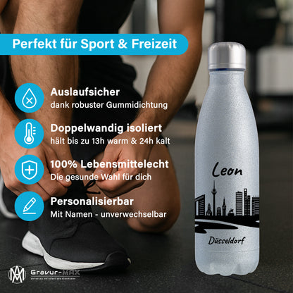 Glitzer Trinkflasche in Silber 500ml aus Edelstahl bedruckt mit der Skyline von Düsseldorf personalisierbar mit Wunschname
