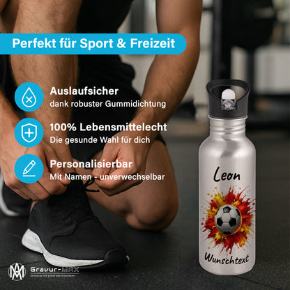 Trinkflasche mit Strohhalm in Silber 600ml bedruckt mit Fußball Motiven"Motiv9" personalisierbar für Kinder mit Wunschname aus Edelstahl
