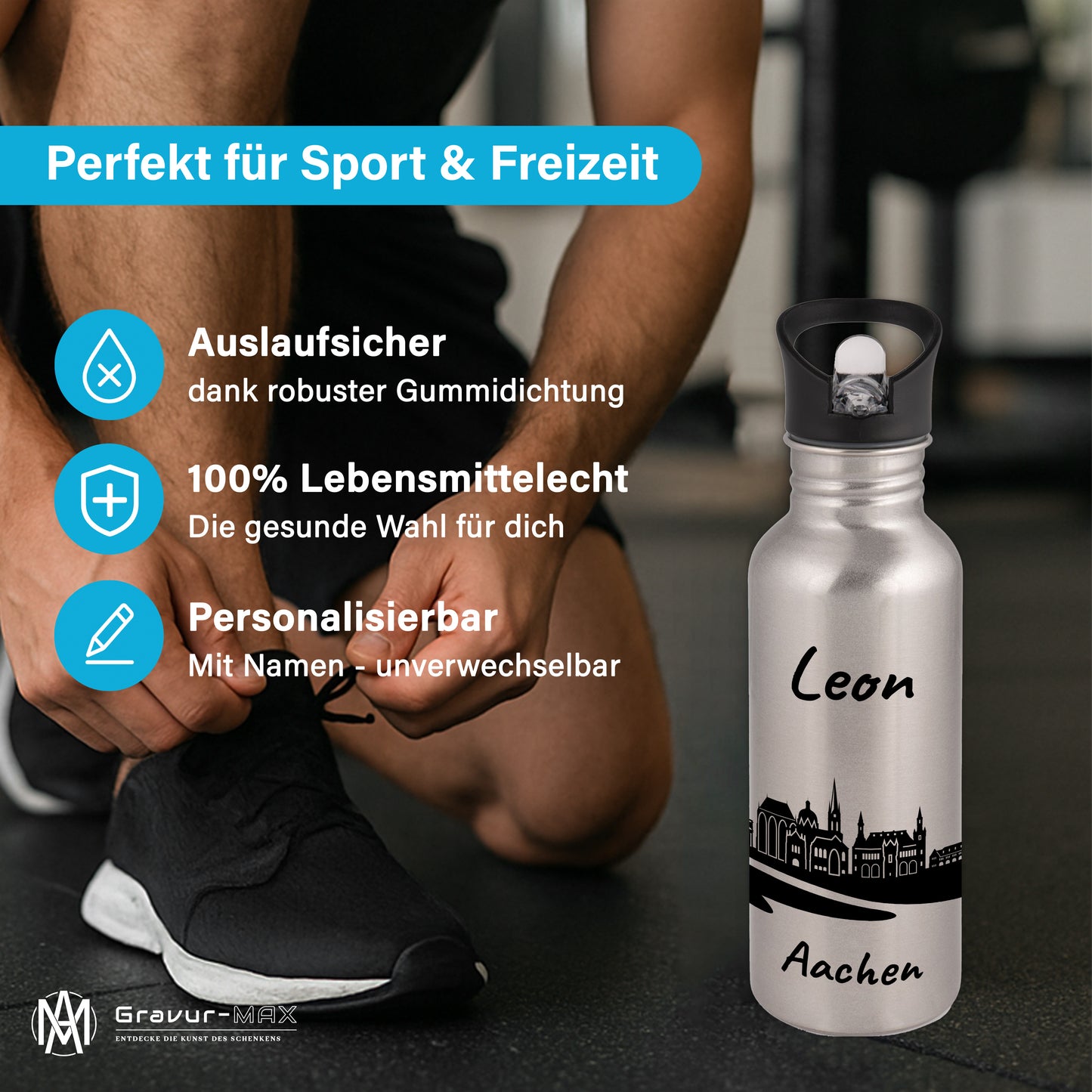 Trinkflasche in Silber 600ml aus Edelstahl bedruckt mit der Skyline von Aachen personalisierbar mit Wunschname