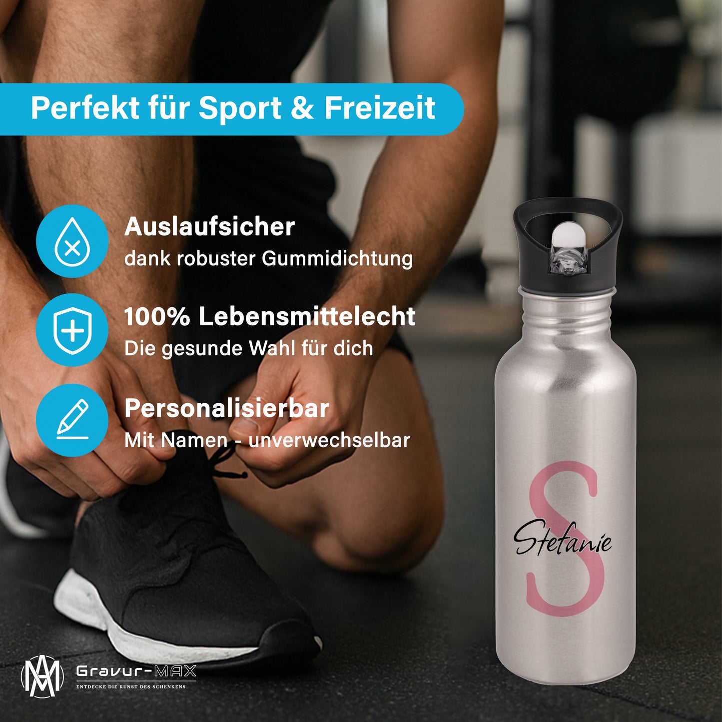Trinkflasche in Silber 600ml aus Edelstahl bedruckt als "Namensflasche" personalisierbar für Kinder und Erwachsene mit Wunschname