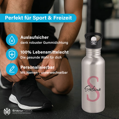 Trinkflasche in Silber 600ml aus Edelstahl bedruckt als "Namensflasche" personalisierbar für Kinder und Erwachsene mit Wunschname