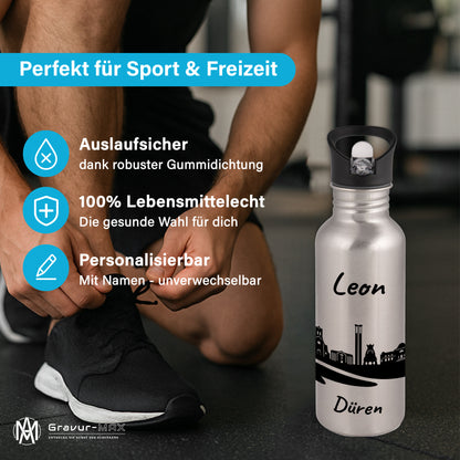 Trinkflasche in Silber 600ml aus Edelstahl bedruckt mit der Skyline von Düren personalisierbar mit Wunschname