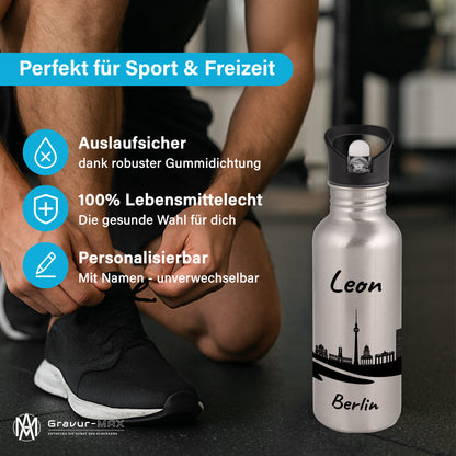 Trinkflasche in Silber 600ml aus Edelstahl bedruckt mit der Skyline von Berlin personalisierbar mit Wunschname