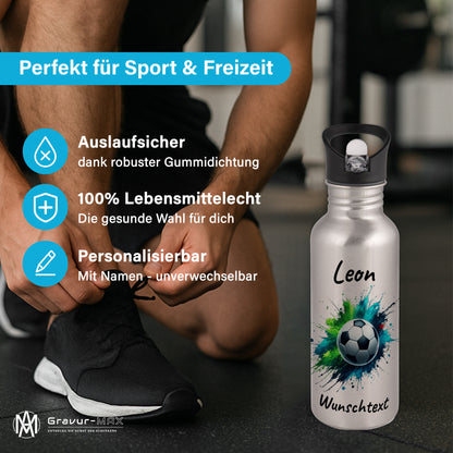 Trinkflasche mit Strohhalm in Silber 600ml bedruckt mit Fußball Motiven"Motiv8" personalisierbar für Kinder mit Wunschname aus Edelstahl