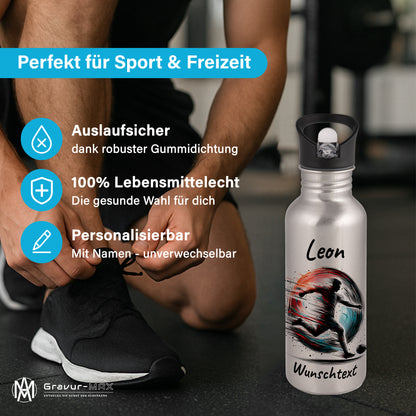 Trinkflasche mit Strohhalm in Silber 600ml bedruckt mit Fußball Motiven"Motiv3" personalisierbar für Kinder mit Wunschname aus Edelstahl