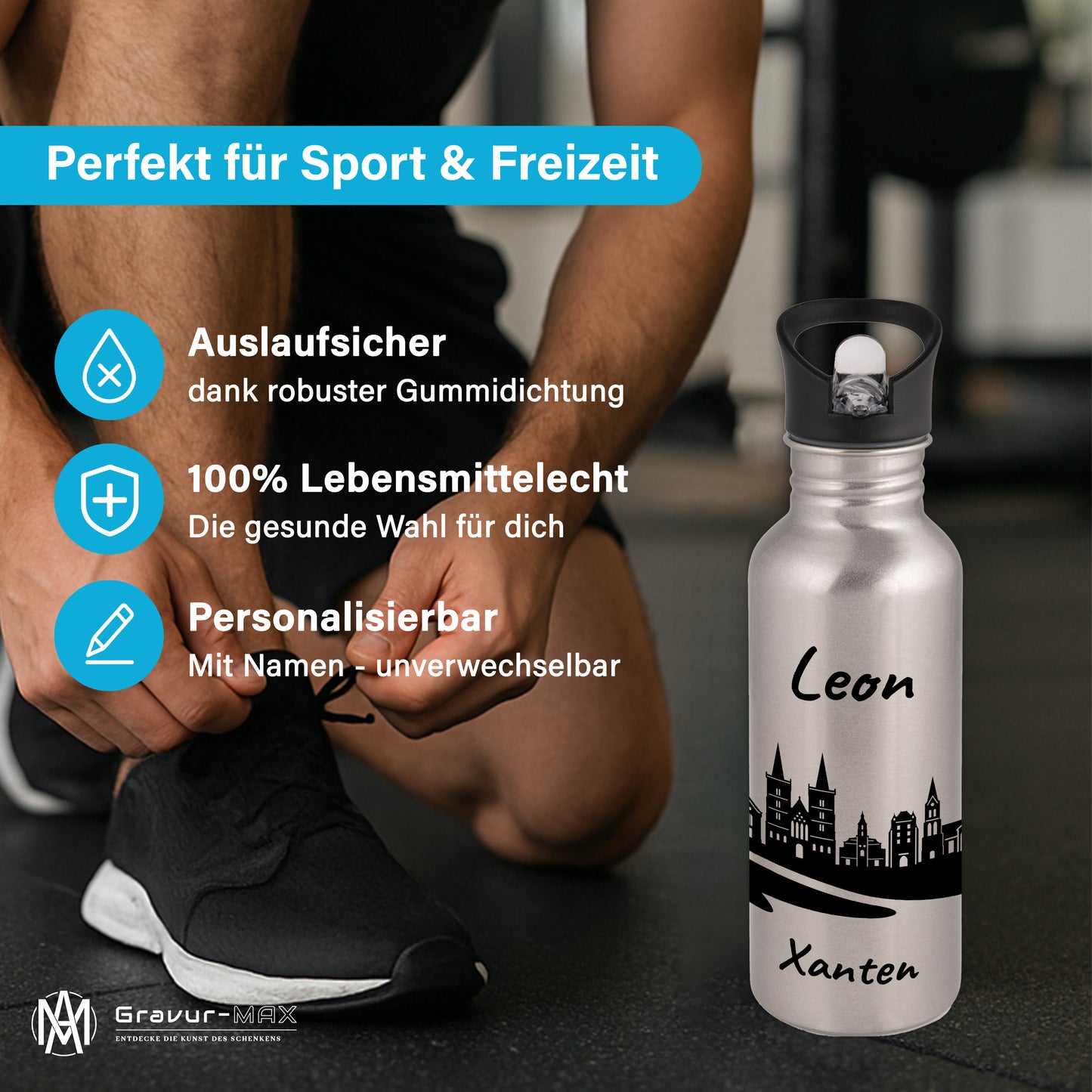 Trinkflasche in Silber 600ml aus Edelstahl bedruckt mit der Skyline von Xanten personalisierbar mit Wunschname