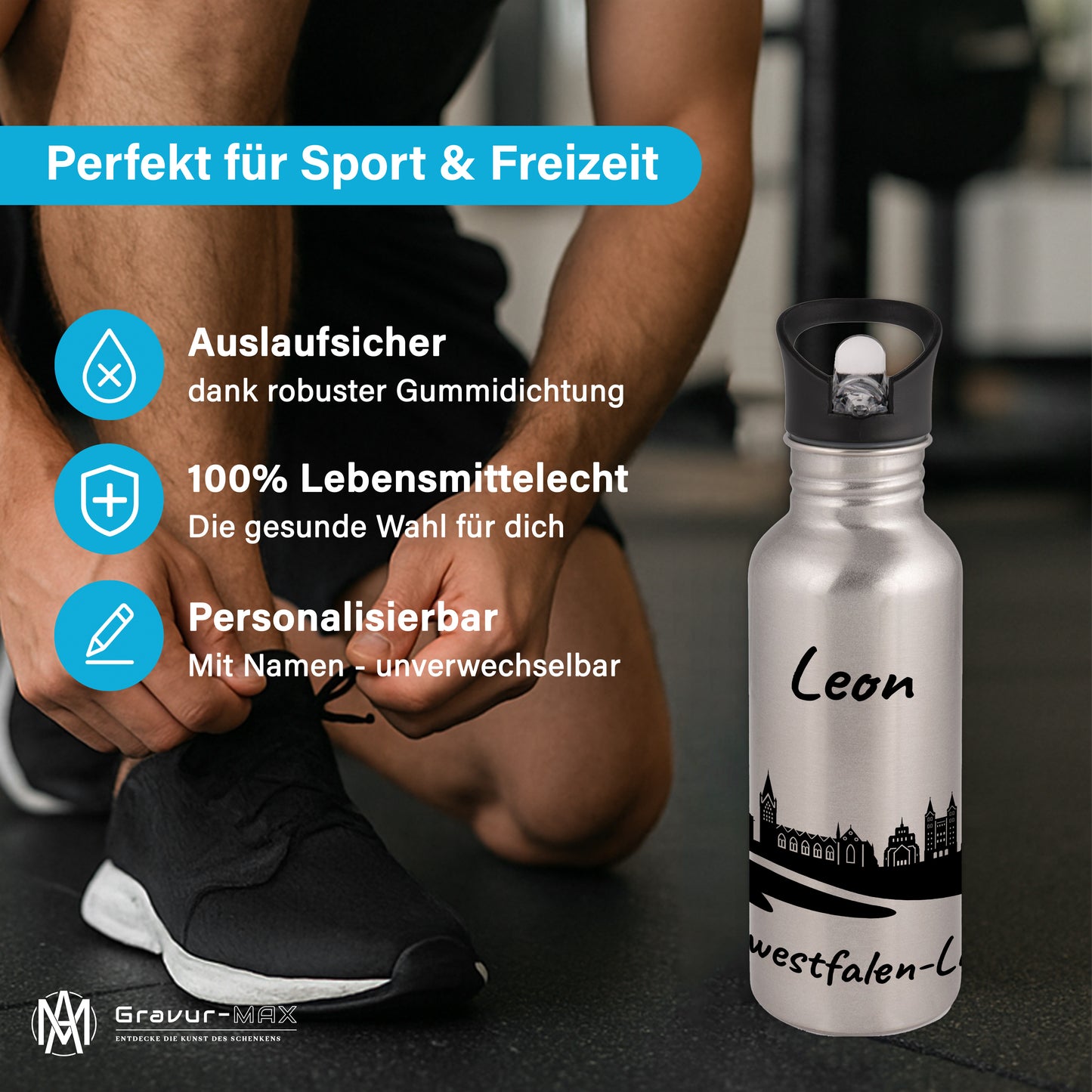 Trinkflasche in Silber 600ml aus Edelstahl bedruckt mit der Skyline von Ostwestfalen-Lippe personalisierbar mit Wunschname