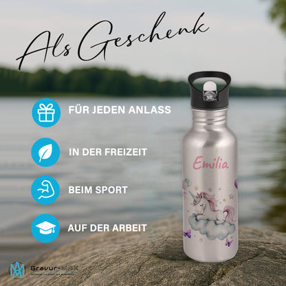 Trinkflasche mit Strohhalm in Silber 600ml bedruckt mit tollen Motiven für Kinder "Einhorn Wolke" personalisierbar für Kinder mit Wunschname aus Edelstahl