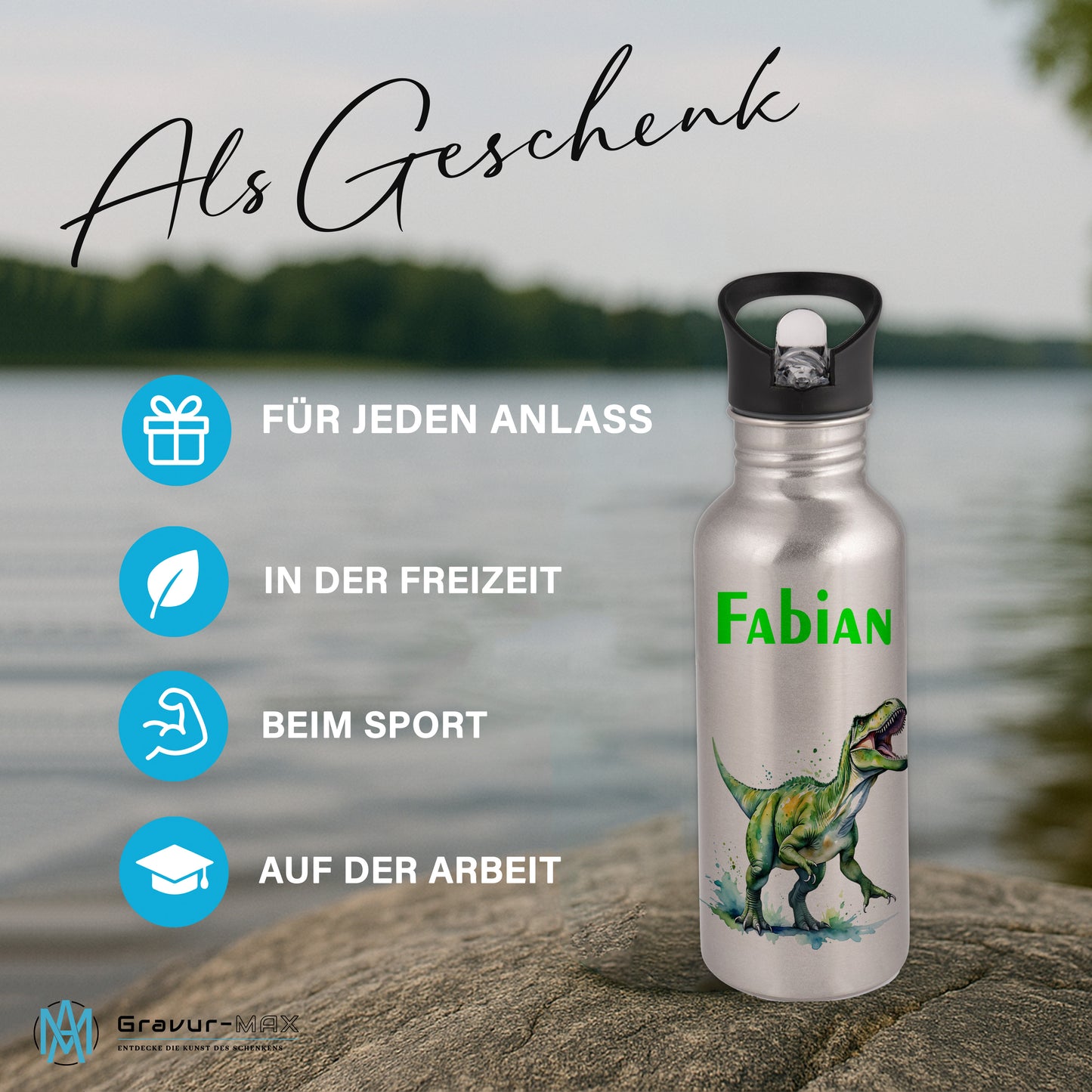 Trinkflasche mit Strohhalm in Silber 600ml bedruckt mit tollen Motiven für Kinder "Dino T-Rex" personalisierbar für Kinder mit Wunschname aus Edelstahl