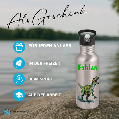 Trinkflasche mit Strohhalm in Silber 600ml bedruckt mit tollen Motiven für Kinder "Dino T-Rex" personalisierbar für Kinder mit Wunschname aus Edelstahl