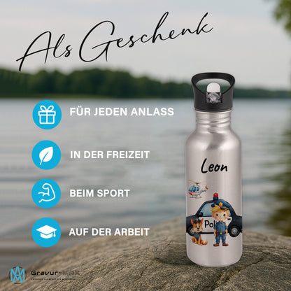 Trinkflasche mit Strohhalm in Silber 600ml bedruckt mit tollen Motiven für Kinder "Polizei" personalisierbar für Kinder mit Wunschname aus Edelstahl
