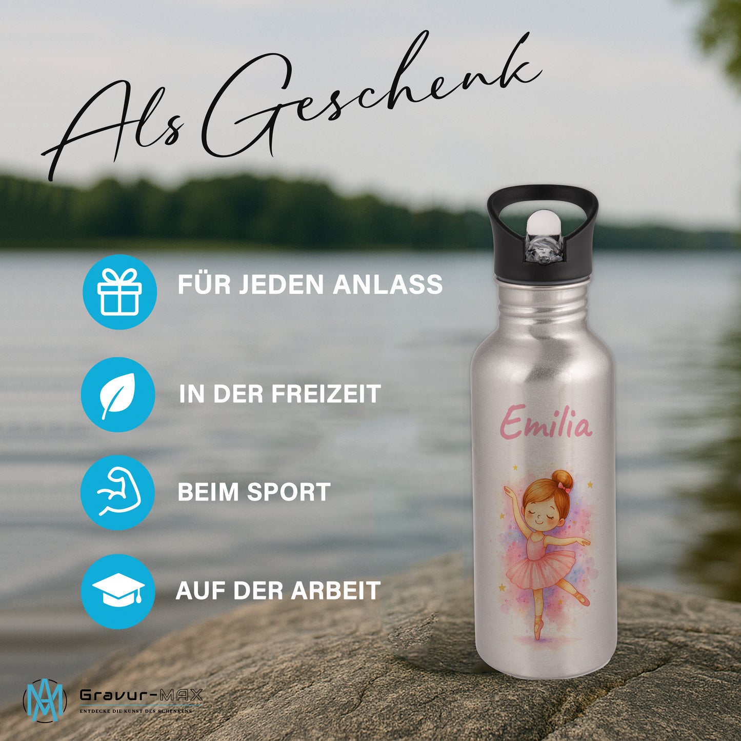 Trinkflasche mit Strohhalm in Silber 600ml bedruckt mit tollen Motiven für Kinder "Ballerina" personalisierbar für Kinder mit Wunschname aus Edelstahl