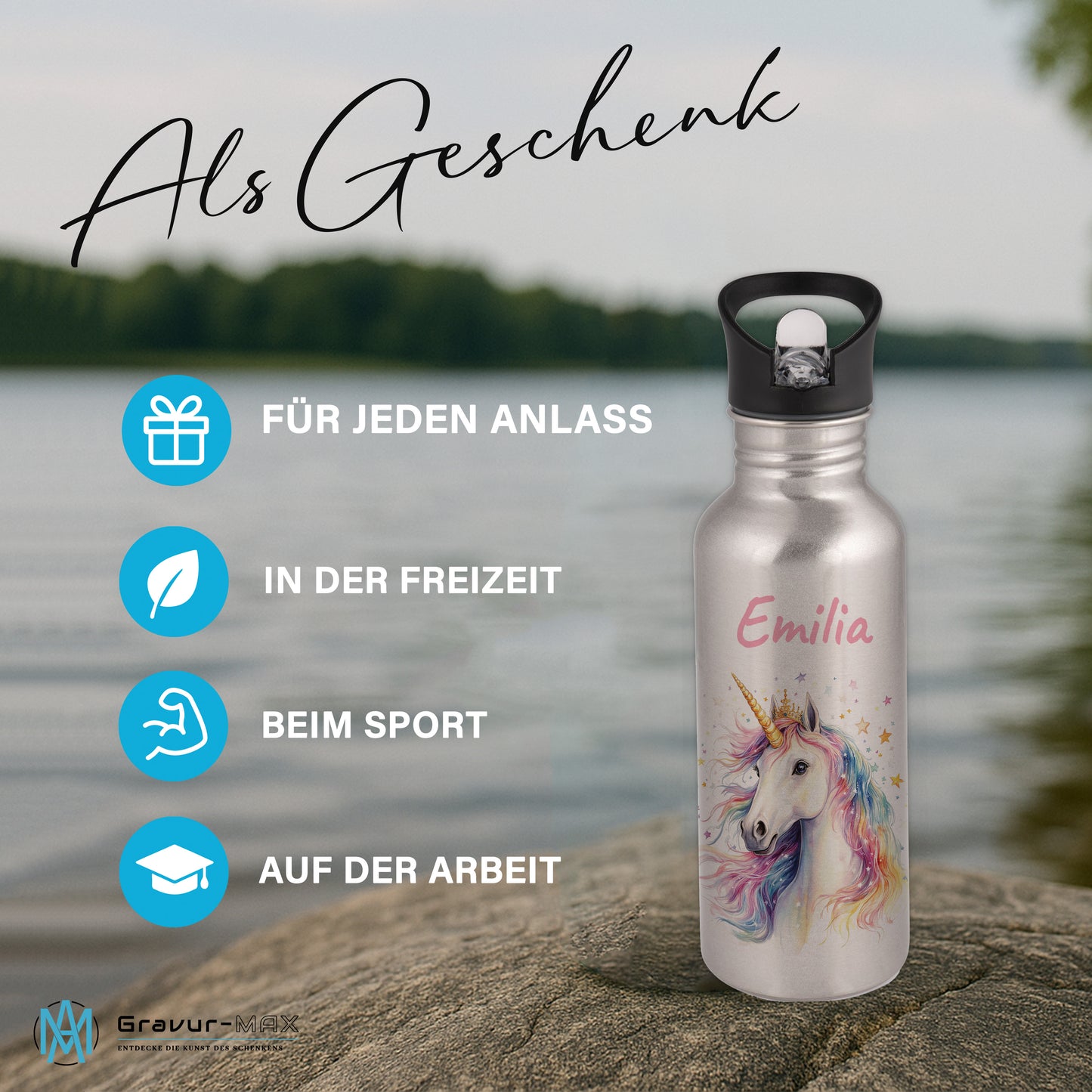 Trinkflasche mit Strohhalm in Silber 600ml bedruckt mit tollen Motiven für Kinder "Einhorn" personalisierbar für Kinder mit Wunschname aus Edelstahl