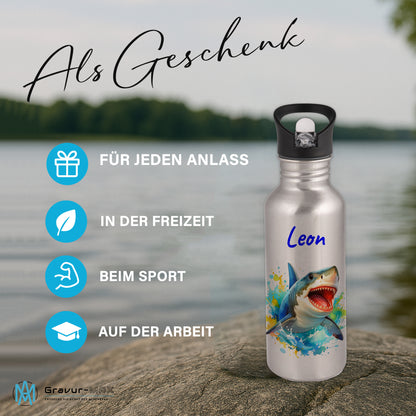 Trinkflasche mit Strohhalm in Silber 600ml bedruckt mit tollen Motiven für Kinder "Hai" personalisierbar für Kinder mit Wunschname aus Edelstahl