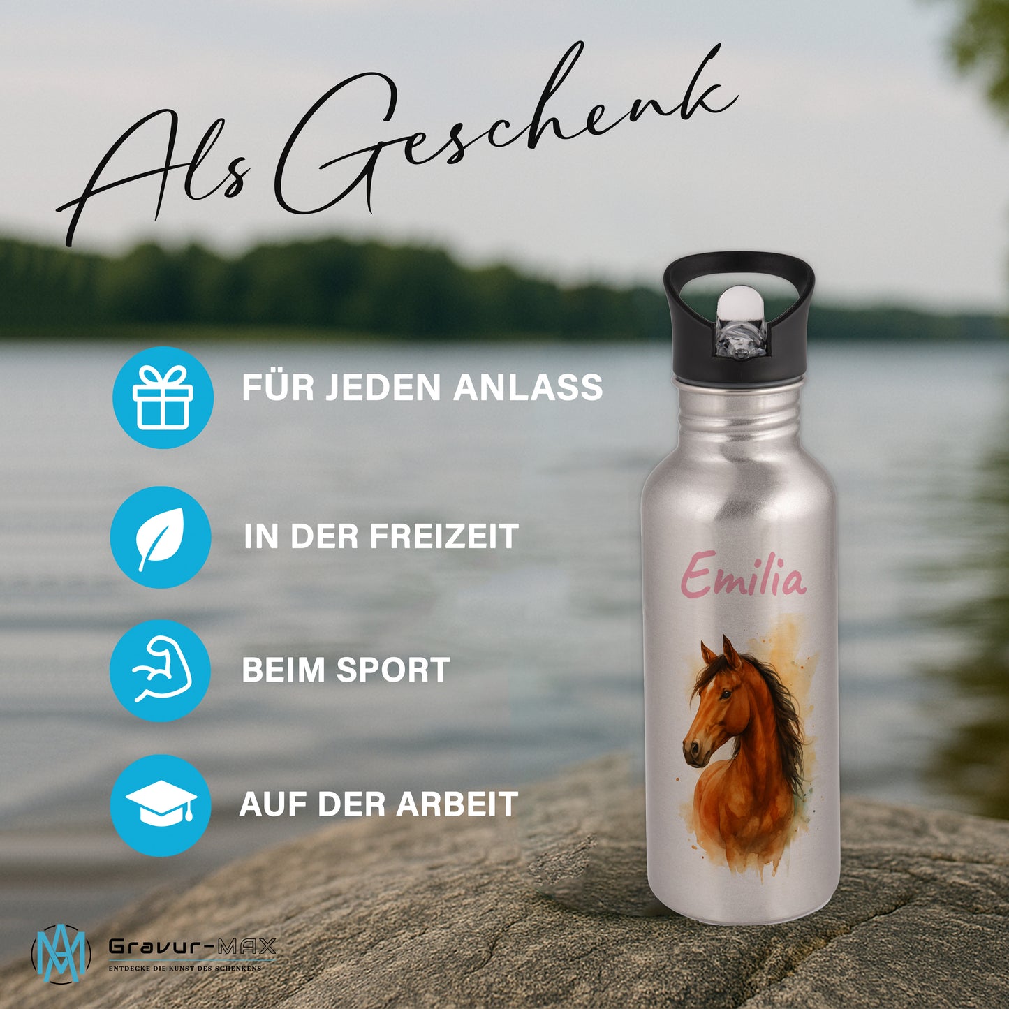 Trinkflasche mit Strohhalm in Silber 600ml bedruckt mit tollen Motiven für Kinder "Pferd" personalisierbar für Kinder mit Wunschname aus Edelstahl