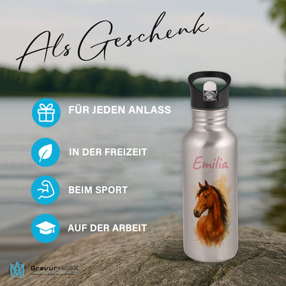 Trinkflasche mit Strohhalm in Silber 600ml bedruckt mit tollen Motiven für Kinder "Pferd" personalisierbar für Kinder mit Wunschname aus Edelstahl