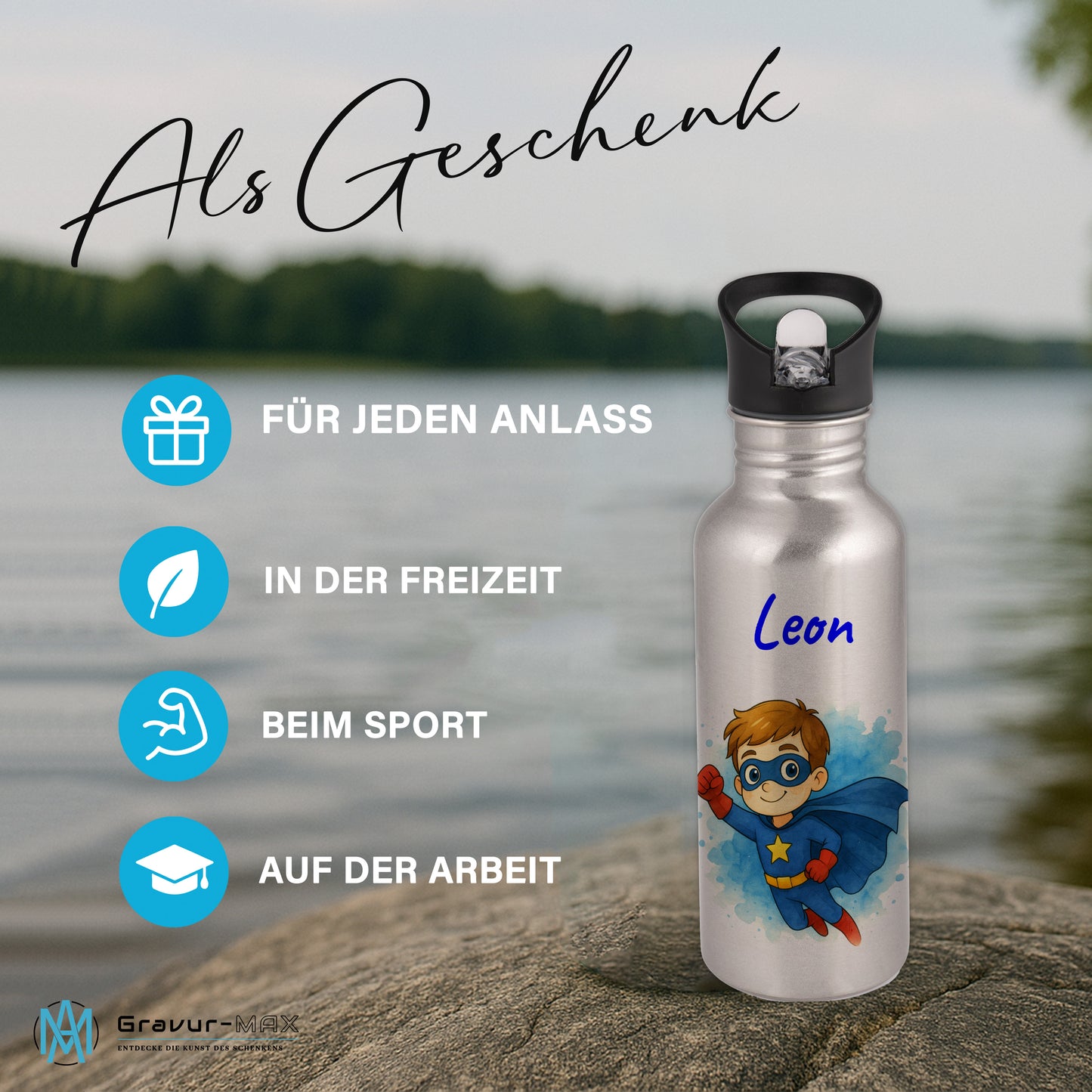 Trinkflasche mit Strohhalm in Silber 600ml bedruckt mit tollen Motiven für Kinder "Superheld" personalisierbar für Kinder mit Wunschname aus Edelstahl