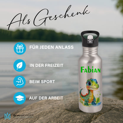 Trinkflasche mit Strohhalm in Silber 600ml bedruckt mit tollen Motiven für Kinder "Dino Kinder" personalisierbar für Kinder mit Wunschname aus Edelstahl