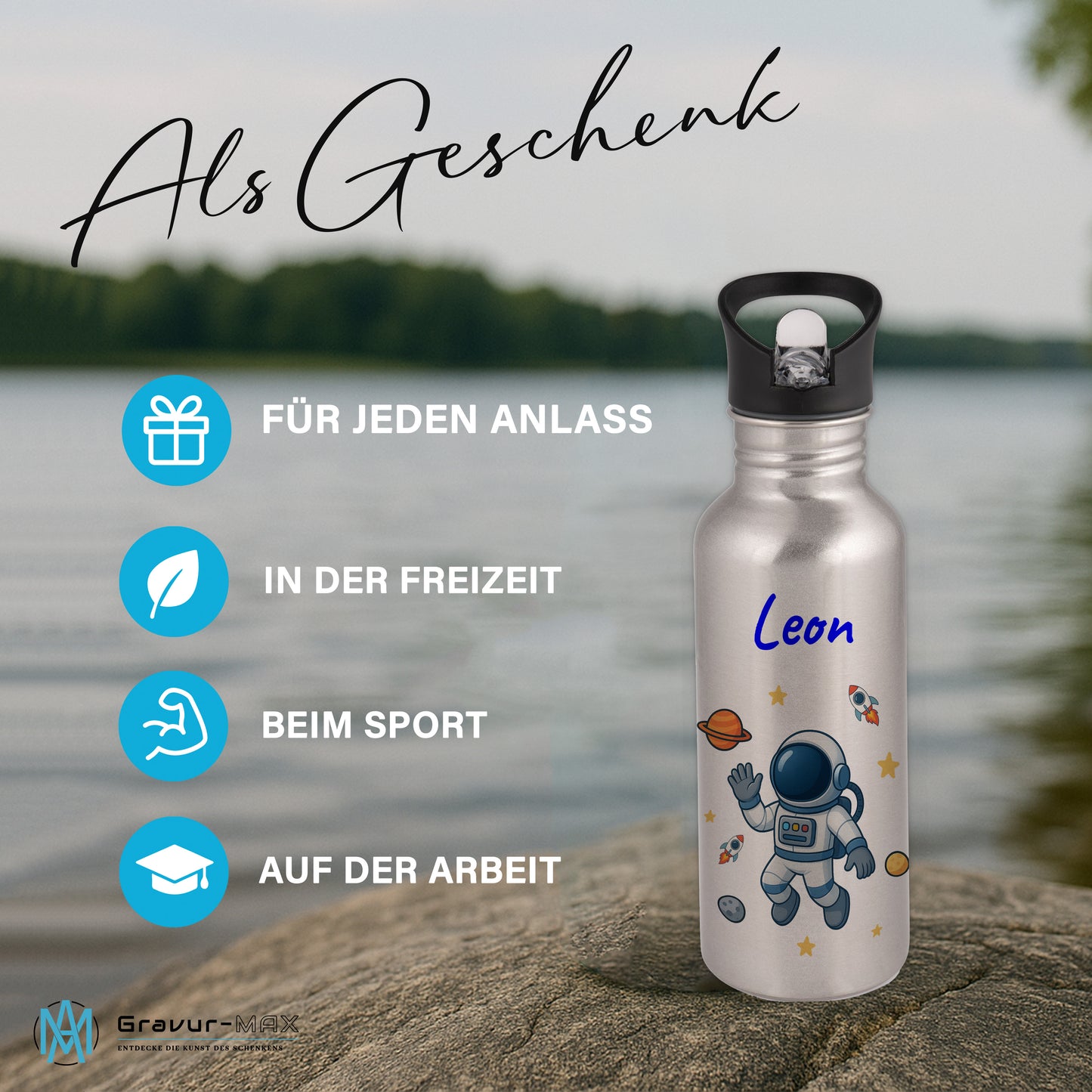Trinkflasche mit Strohhalm in Silber 600ml bedruckt mit tollen Motiven für Kinder "Astronaut" personalisierbar für Kinder mit Wunschname aus Edelstahl