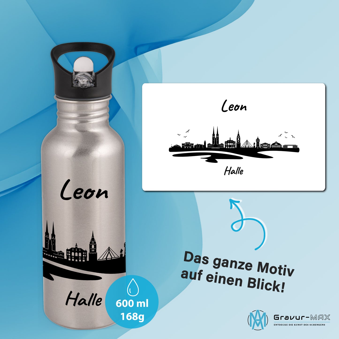 Trinkflasche in Silber 600ml aus Edelstahl bedruckt mit der Skyline von Halle personalisierbar mit Wunschname