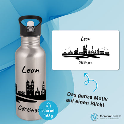 Trinkflasche in Silber 600ml aus Edelstahl bedruckt mit der Skyline von Göttingen personalisierbar mit Wunschname