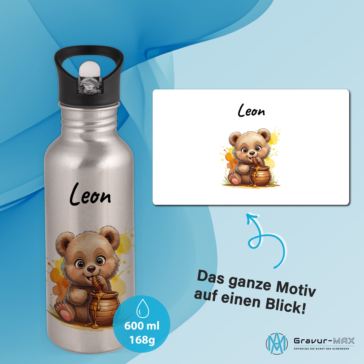 Trinkflasche mit Strohhalm in Silber 600ml bedruckt mit niedlichen Tieren"Bär" personalisierbar für Kinder mit Wunschname aus Edelstahl