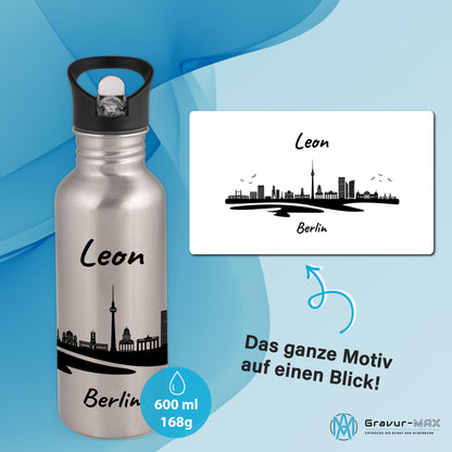 Trinkflasche in Silber 600ml aus Edelstahl bedruckt mit der Skyline von Berlin personalisierbar mit Wunschname