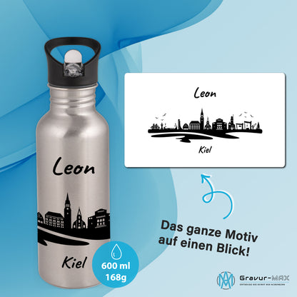 Trinkflasche in Silber 600ml aus Edelstahl bedruckt mit der Skyline von Kiel personalisierbar mit Wunschname