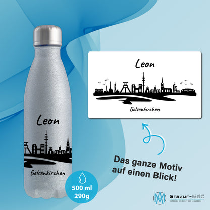 Glitzer Trinkflasche in Silber 500ml aus Edelstahl bedruckt mit der Skyline von Gelsenkirchen personalisierbar mit Wunschname