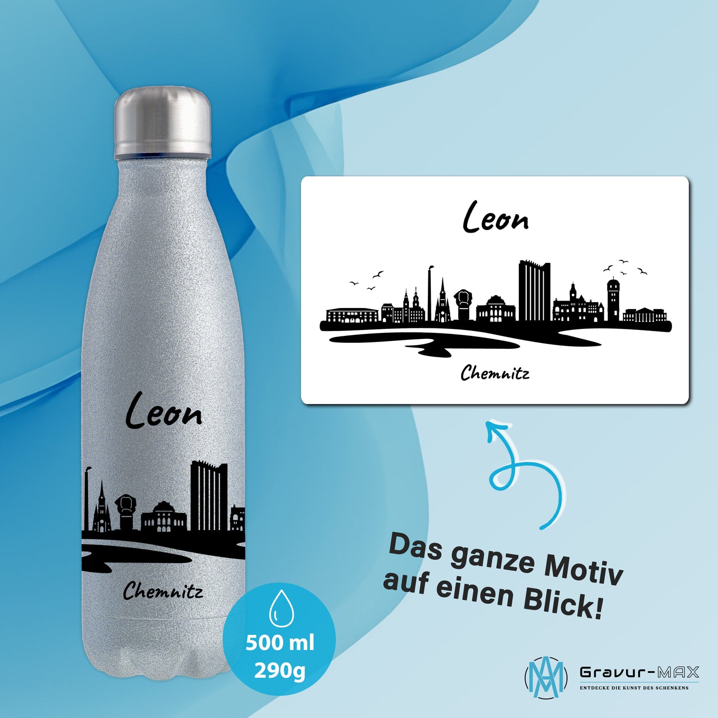 Glitzer Trinkflasche in Silber 500ml aus Edelstahl bedruckt mit der Skyline von Chemnitz personalisierbar mit Wunschname