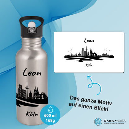 Trinkflasche in Silber 600ml aus Edelstahl bedruckt mit der Skyline von Köln personalisierbar mit Wunschname