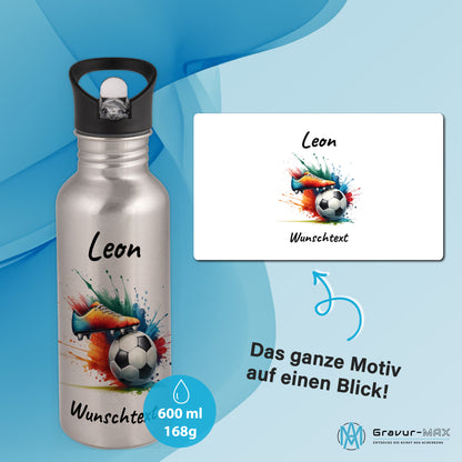 Trinkflasche mit Strohhalm in Silber 600ml bedruckt mit Fußball Motiven"Motiv6" personalisierbar für Kinder mit Wunschname aus Edelstahl