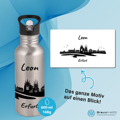 Trinkflasche in Silber 600ml aus Edelstahl bedruckt mit der Skyline von Erfurt personalisierbar mit Wunschname