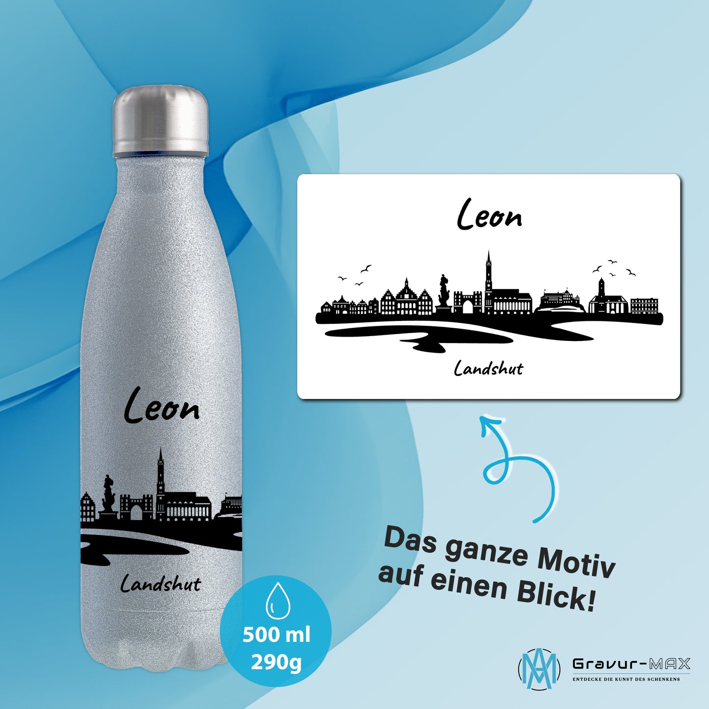 Glitzer Trinkflasche in Silber 500ml aus Edelstahl bedruckt mit der Skyline von Landshut personalisierbar mit Wunschname