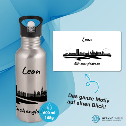 Trinkflasche in Silber 600ml aus Edelstahl bedruckt mit der Skyline von Mönchengladbach personalisierbar mit Wunschname