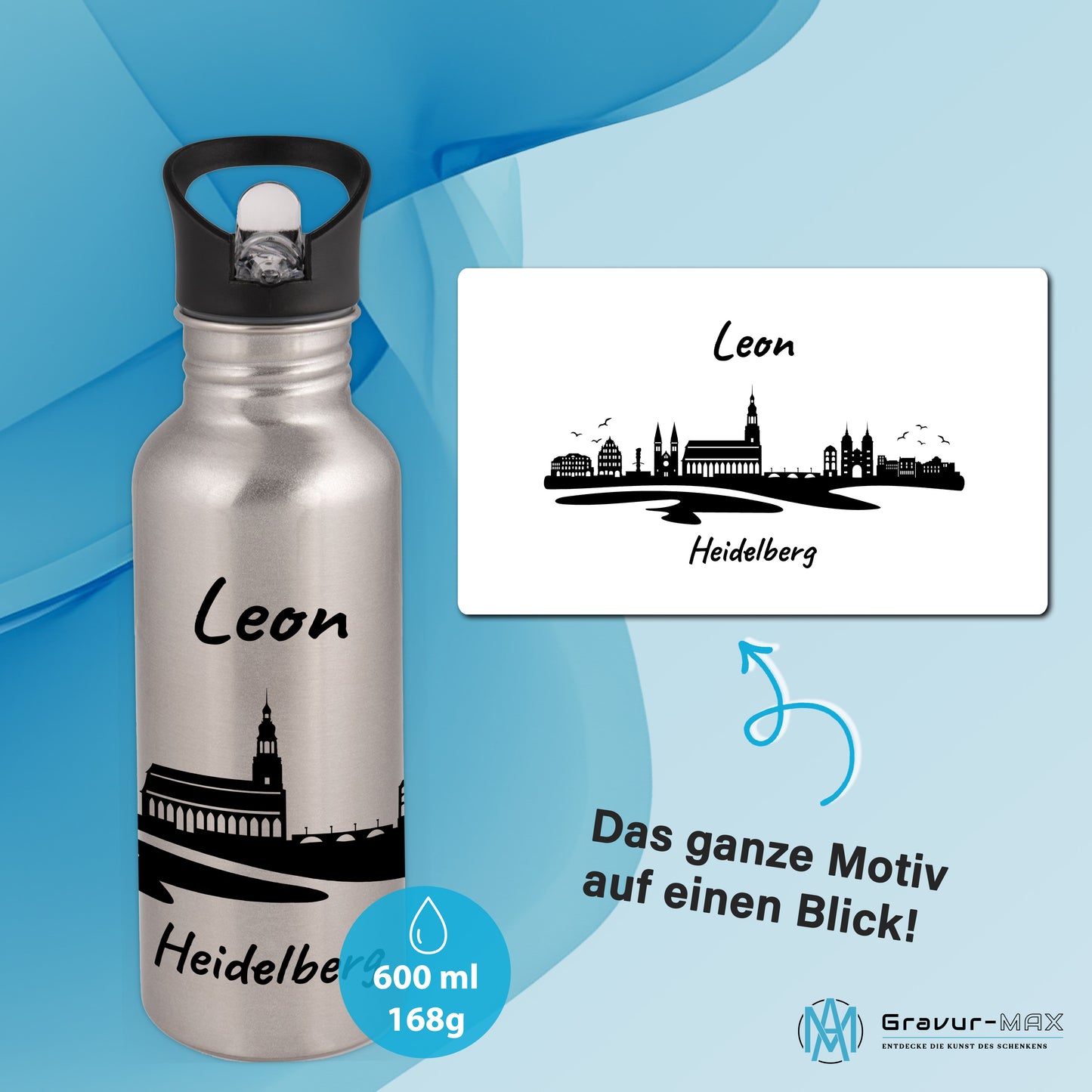 Trinkflasche in Silber 600ml aus Edelstahl bedruckt mit der Skyline von Heidelberg personalisierbar mit Wunschname