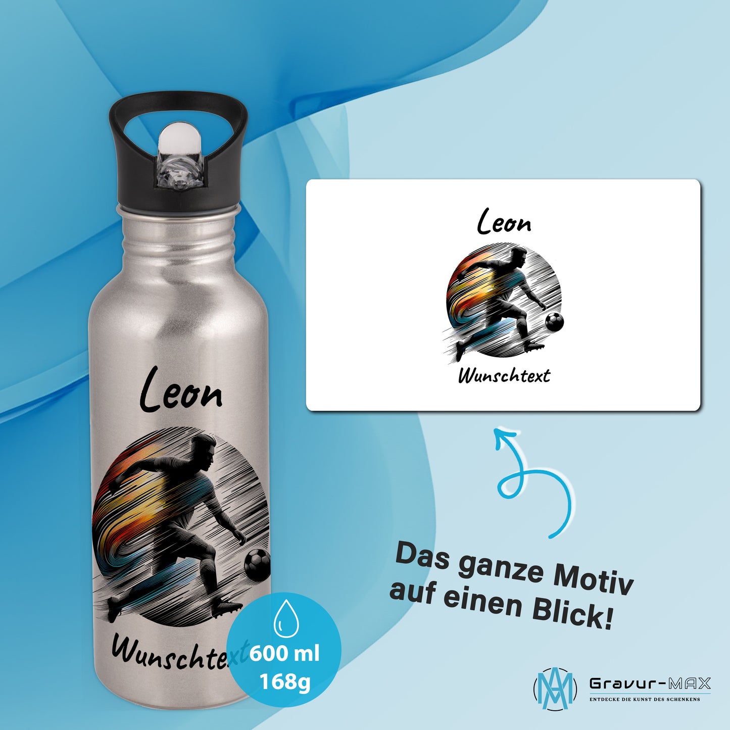 Trinkflasche mit Strohhalm in Silber 600ml bedruckt mit Fußball Motiven"Motiv2" personalisierbar für Kinder mit Wunschname aus Edelstahl