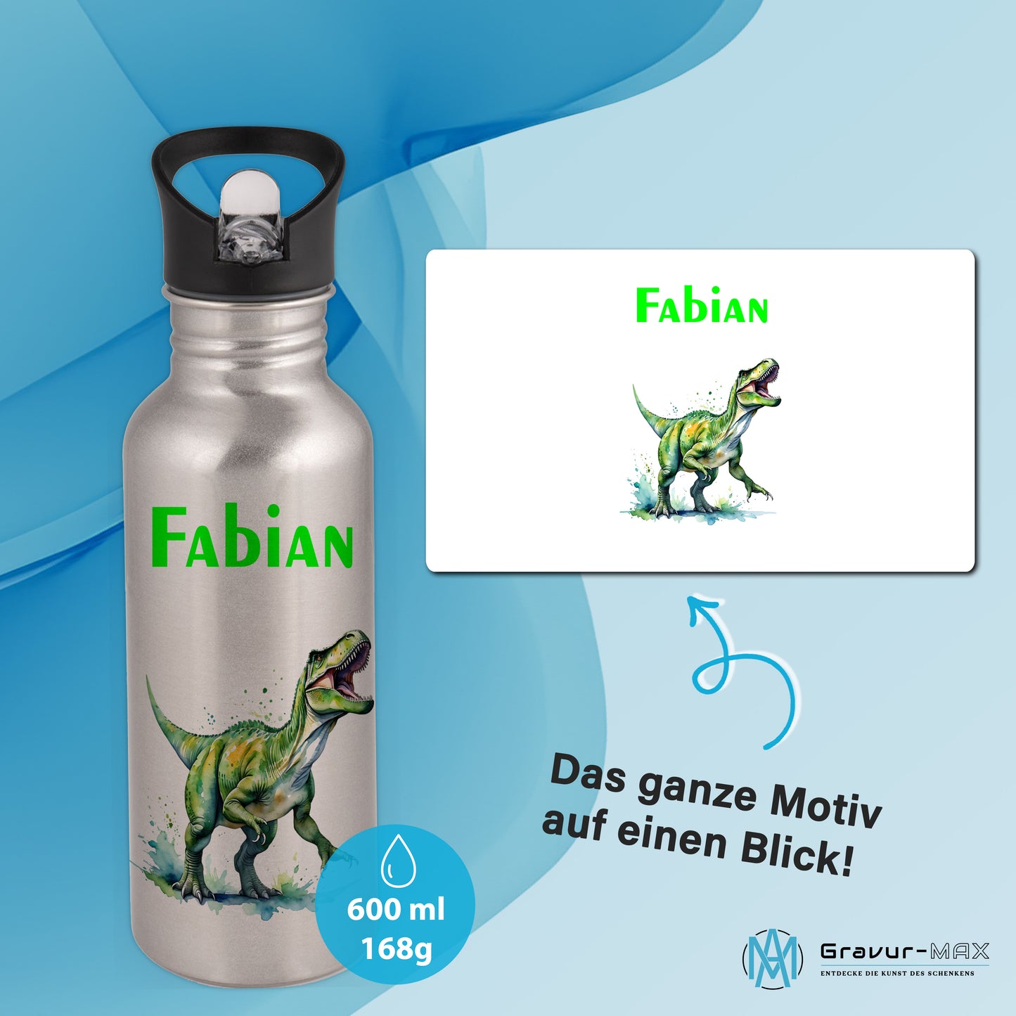 Trinkflasche mit Strohhalm in Silber 600ml bedruckt mit tollen Motiven für Kinder "Dino T-Rex" personalisierbar für Kinder mit Wunschname aus Edelstahl