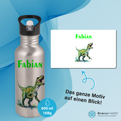 Trinkflasche mit Strohhalm in Silber 600ml bedruckt mit tollen Motiven für Kinder "Dino T-Rex" personalisierbar für Kinder mit Wunschname aus Edelstahl