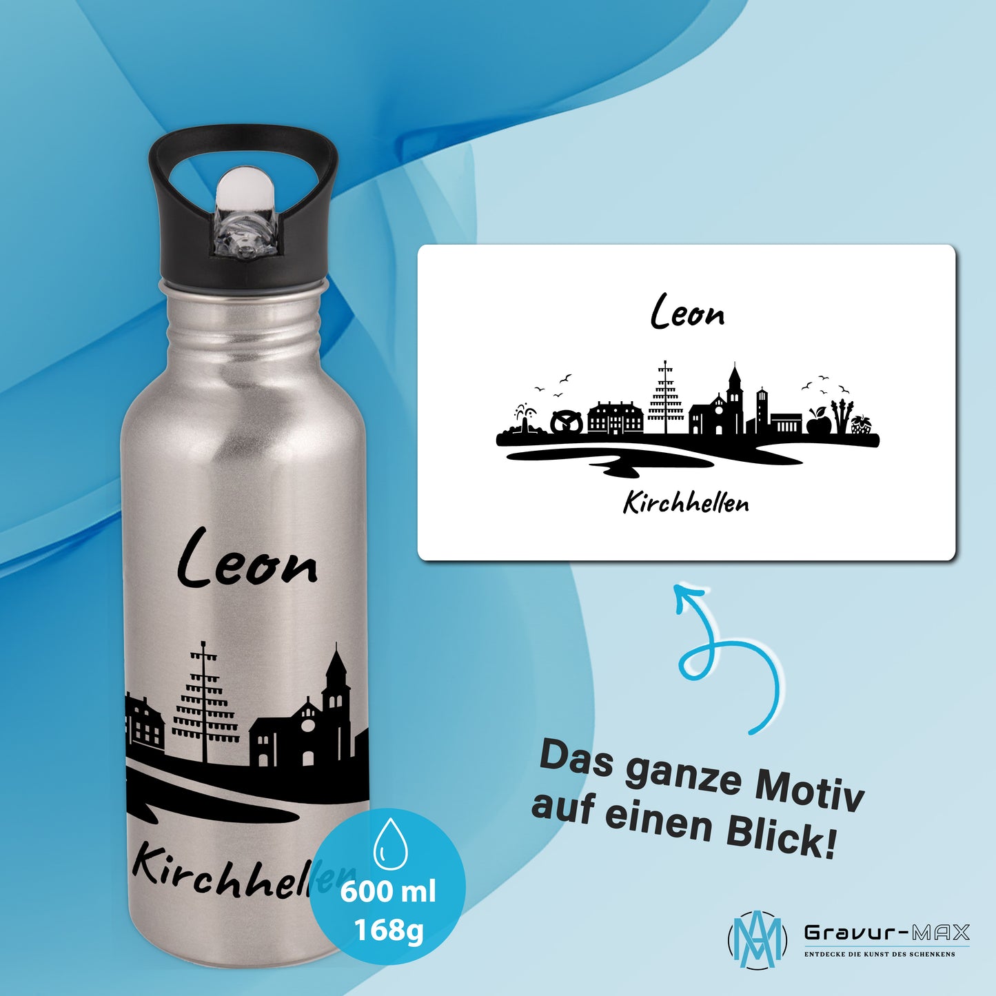 Trinkflasche in Silber 600ml aus Edelstahl bedruckt mit der Skyline von Kirchhellen personalisierbar mit Wunschname
