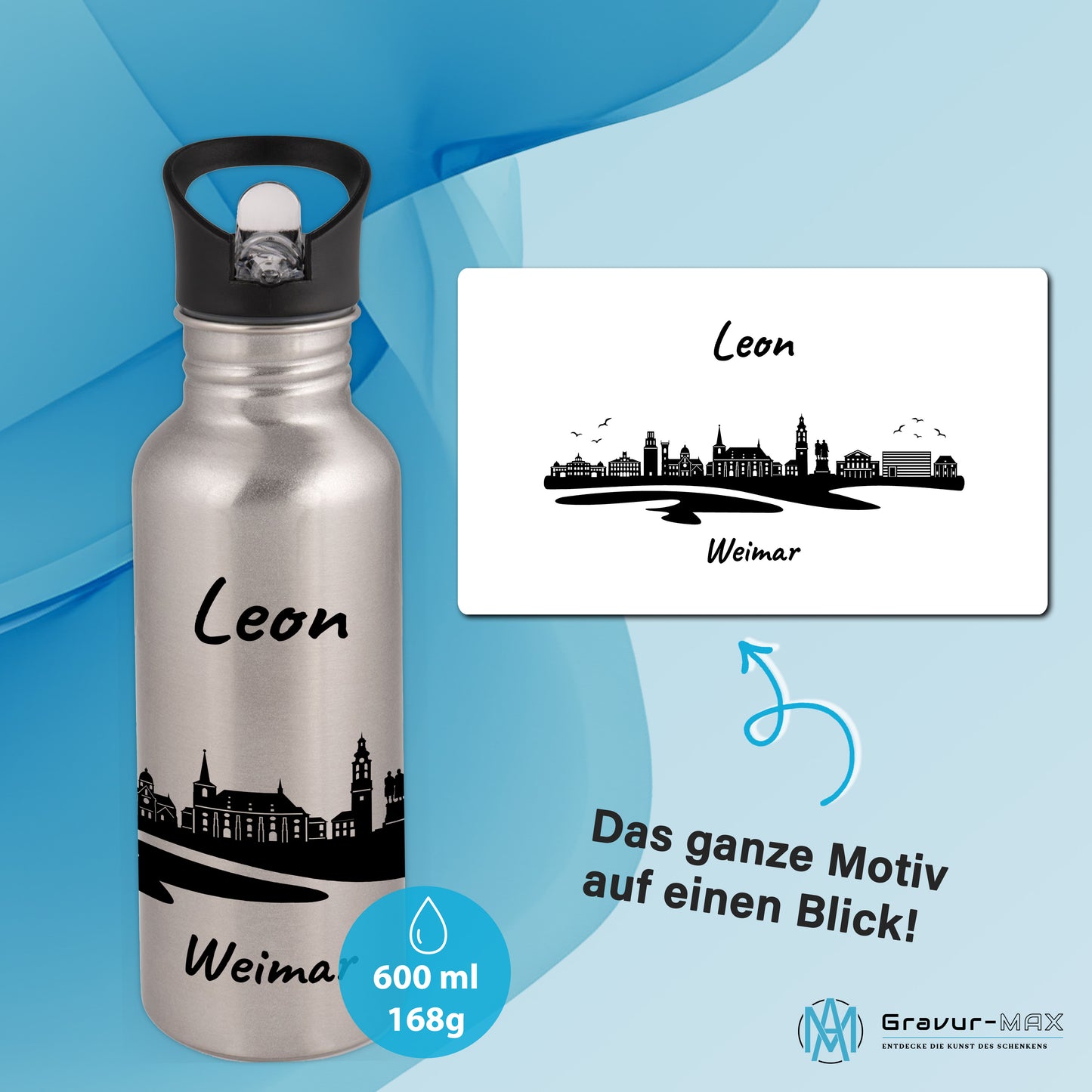 Trinkflasche in Silber 600ml aus Edelstahl bedruckt mit der Skyline von Weimar personalisierbar mit Wunschname