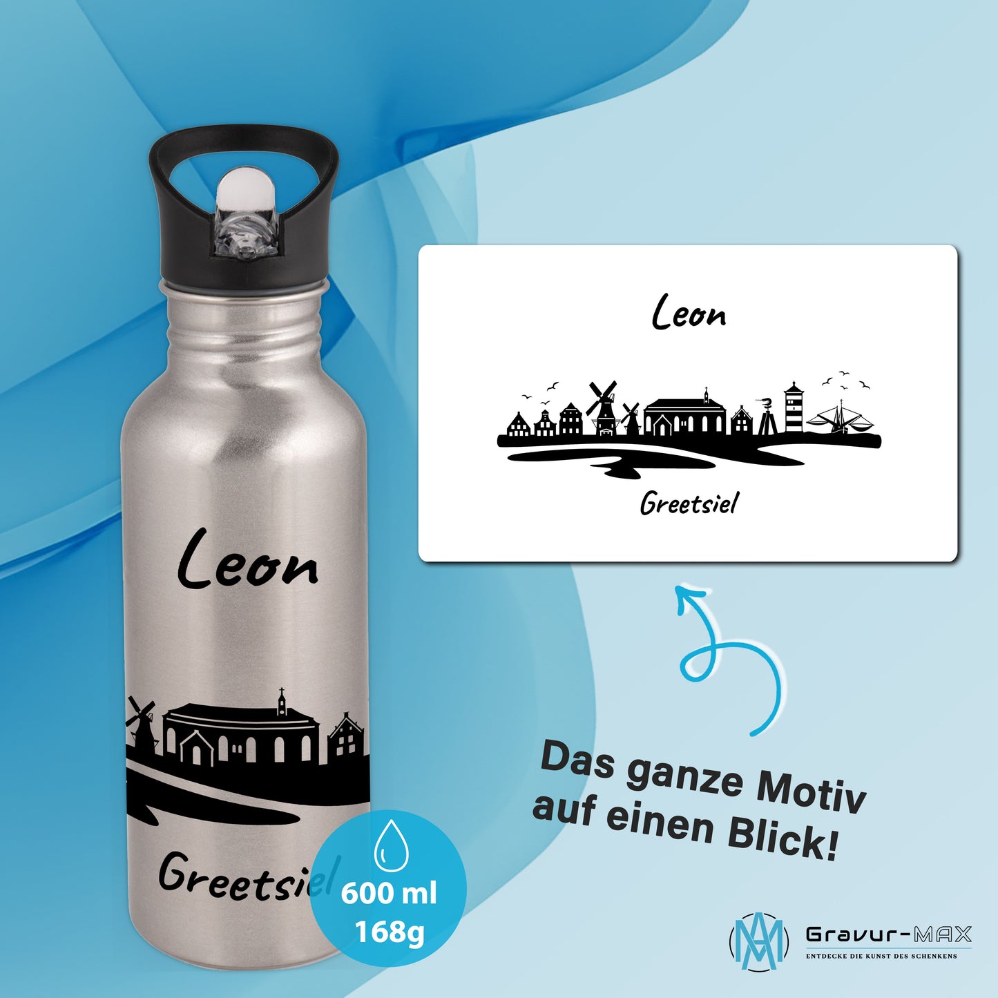 Trinkflasche in Silber 600ml aus Edelstahl bedruckt mit der Skyline von Greetsiel personalisierbar mit Wunschname