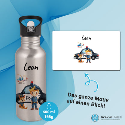 Trinkflasche mit Strohhalm in Silber 600ml bedruckt mit tollen Motiven für Kinder "Polizei" personalisierbar für Kinder mit Wunschname aus Edelstahl